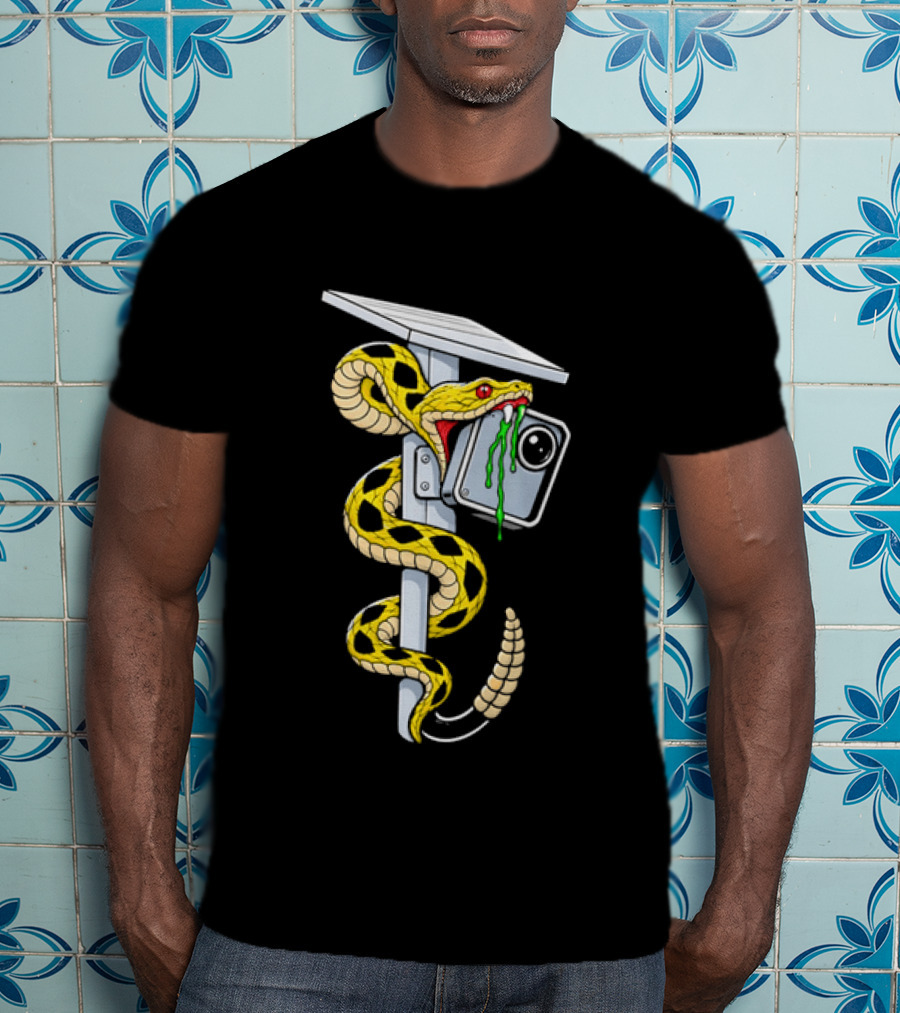 Cartoon Yellow Rattlesnake Biting Security Camera Solar Panel Pole Dripping Venom T-Shirt