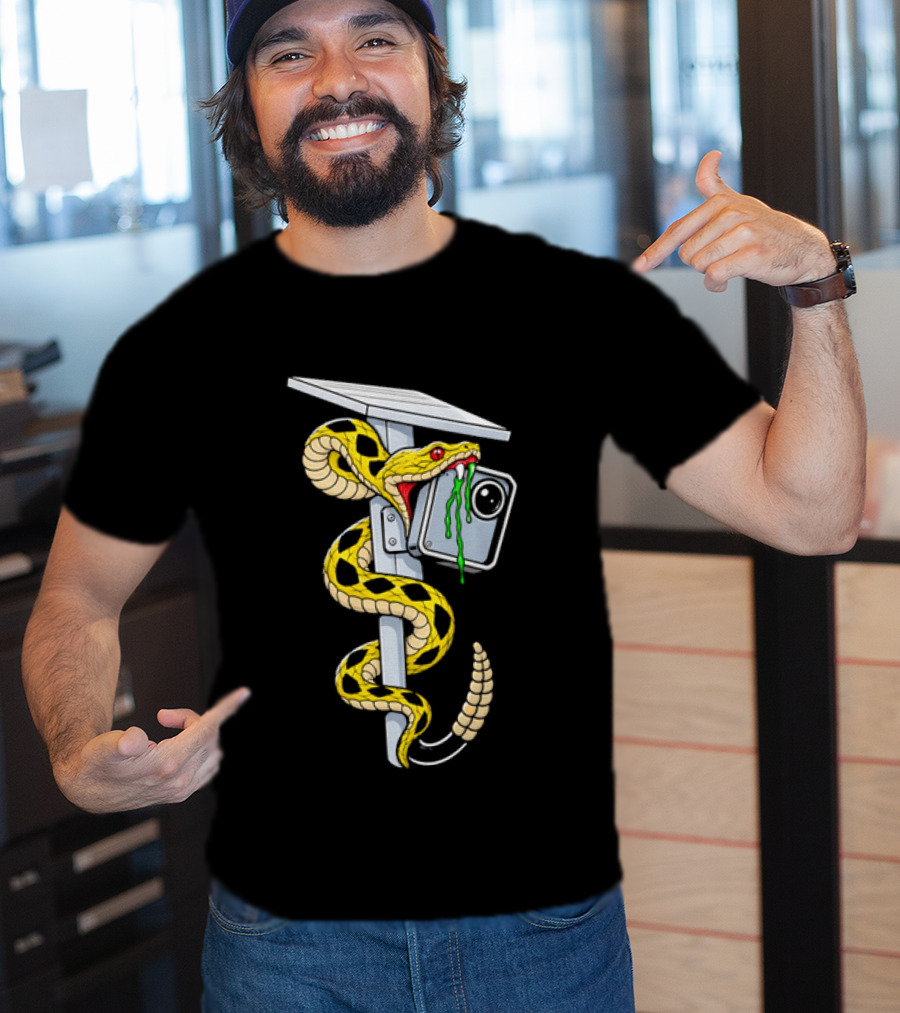 Cartoon Yellow Rattlesnake Biting Security Camera Solar Panel Pole Dripping Venom T-Shirt