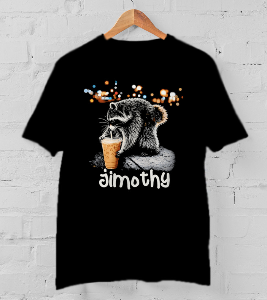 Jimothy Raccoon Sipping Iced Coffee Under Streetlights T-Shirt