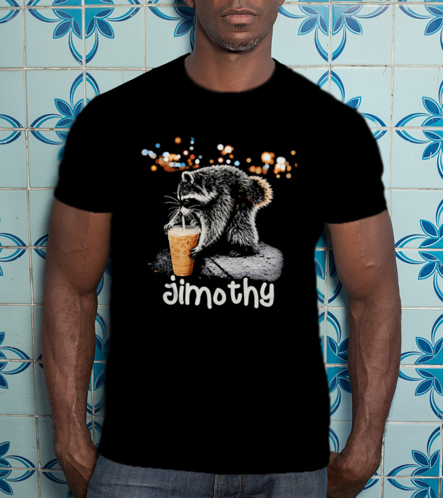 Jimothy Raccoon Sipping Iced Coffee Under Streetlights T-Shirt