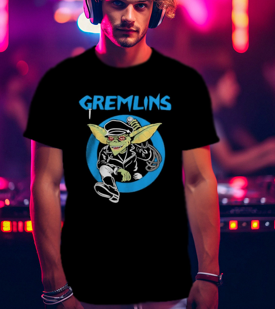 Gremlins Cartoon Leather Biker Gizmo Blue Circle T-Shirt