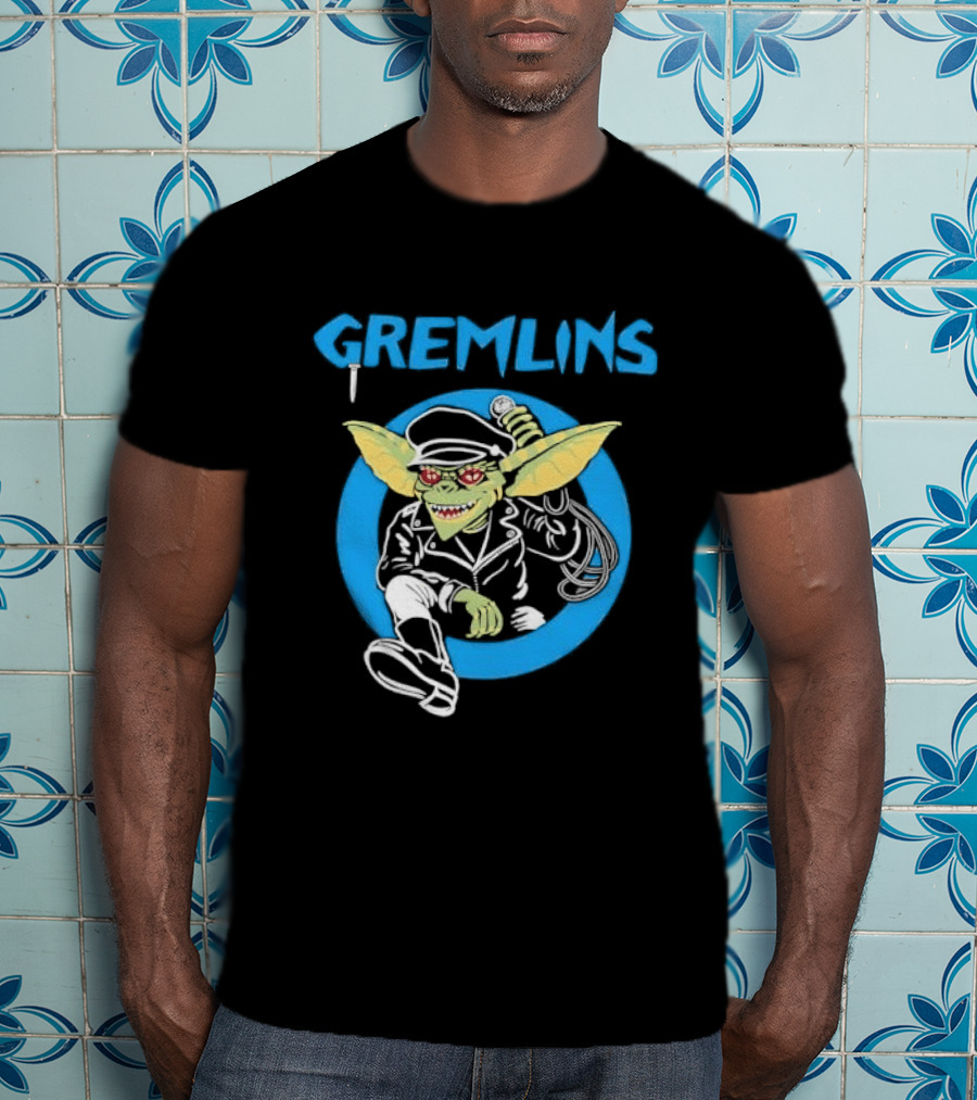 Gremlins Cartoon Leather Biker Gizmo Blue Circle T-Shirt