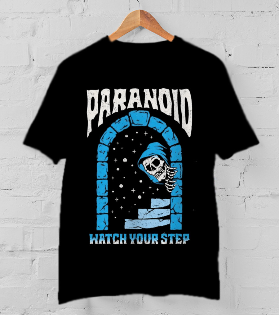 Paranoid Skeleton Peeking Stone Archway Your Step T-Shirt