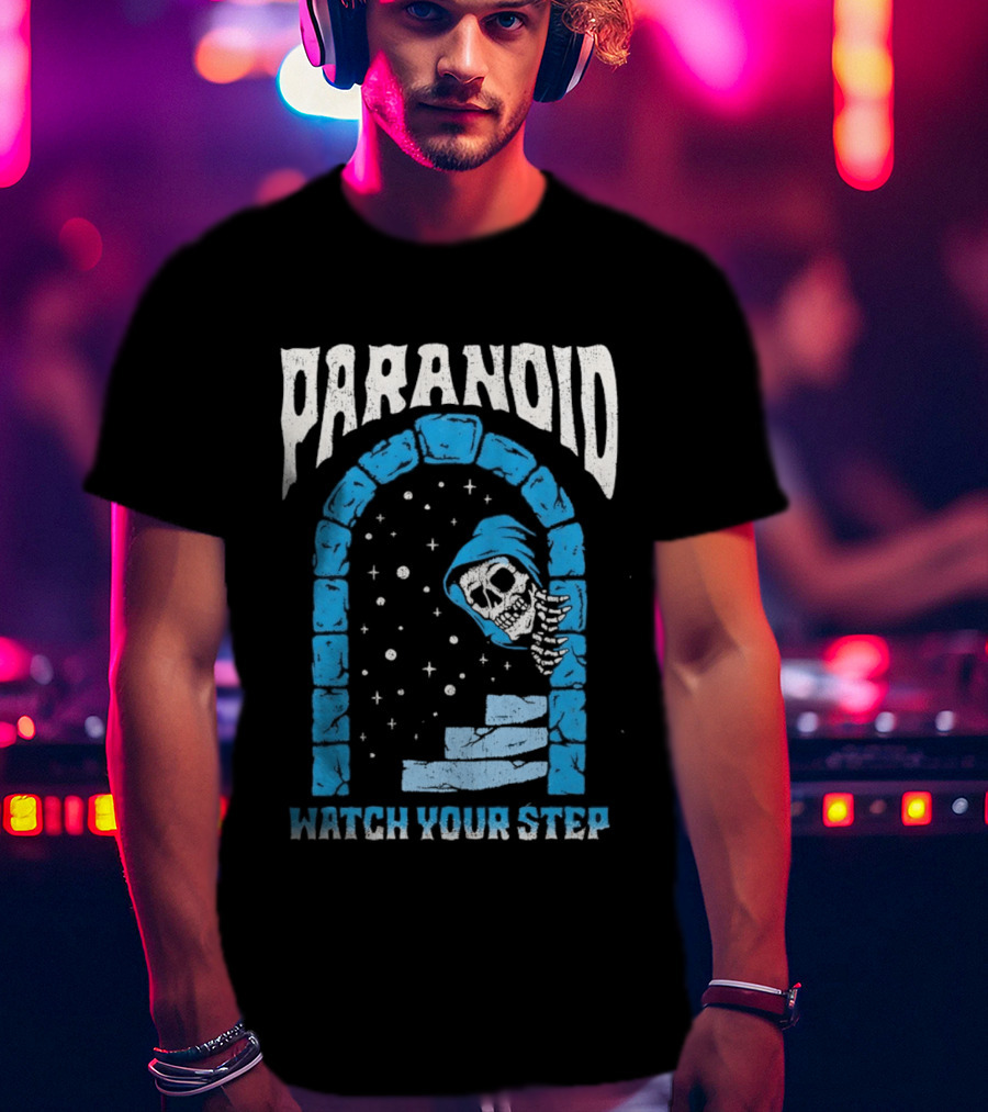 Paranoid Skeleton Peeking Stone Archway Your Step T-Shirt