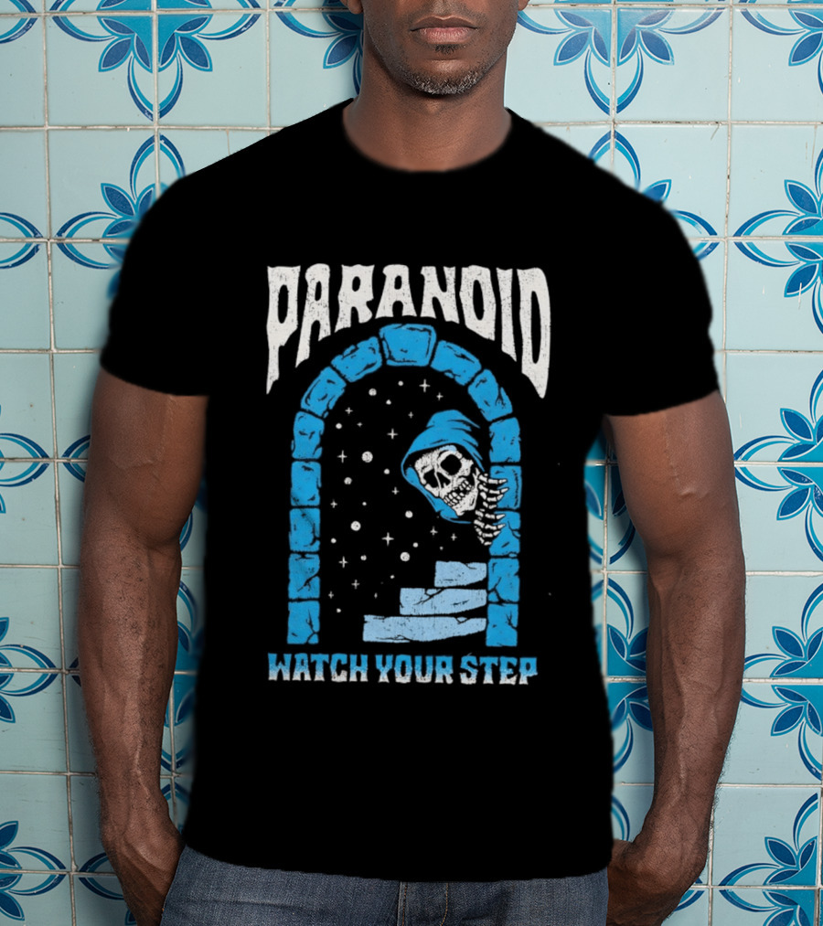 Paranoid Skeleton Peeking Stone Archway Your Step T-Shirt