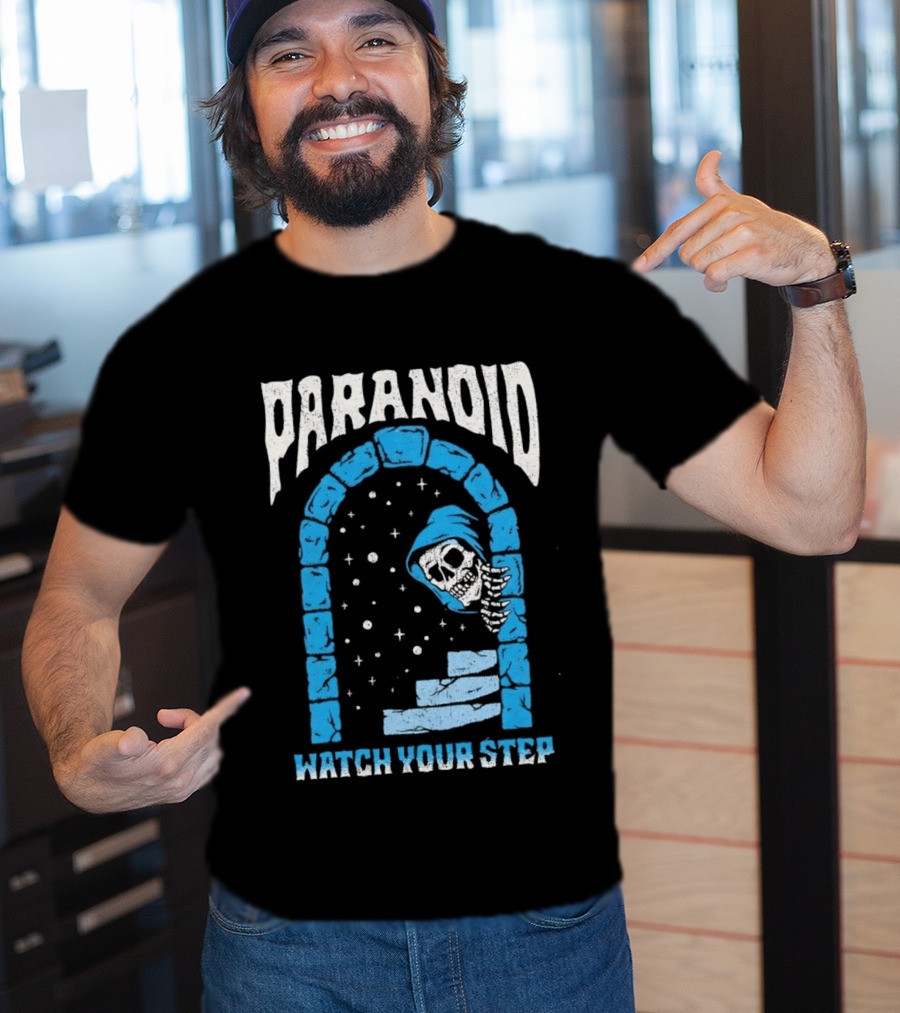 Paranoid Skeleton Peeking Stone Archway Your Step T-Shirt
