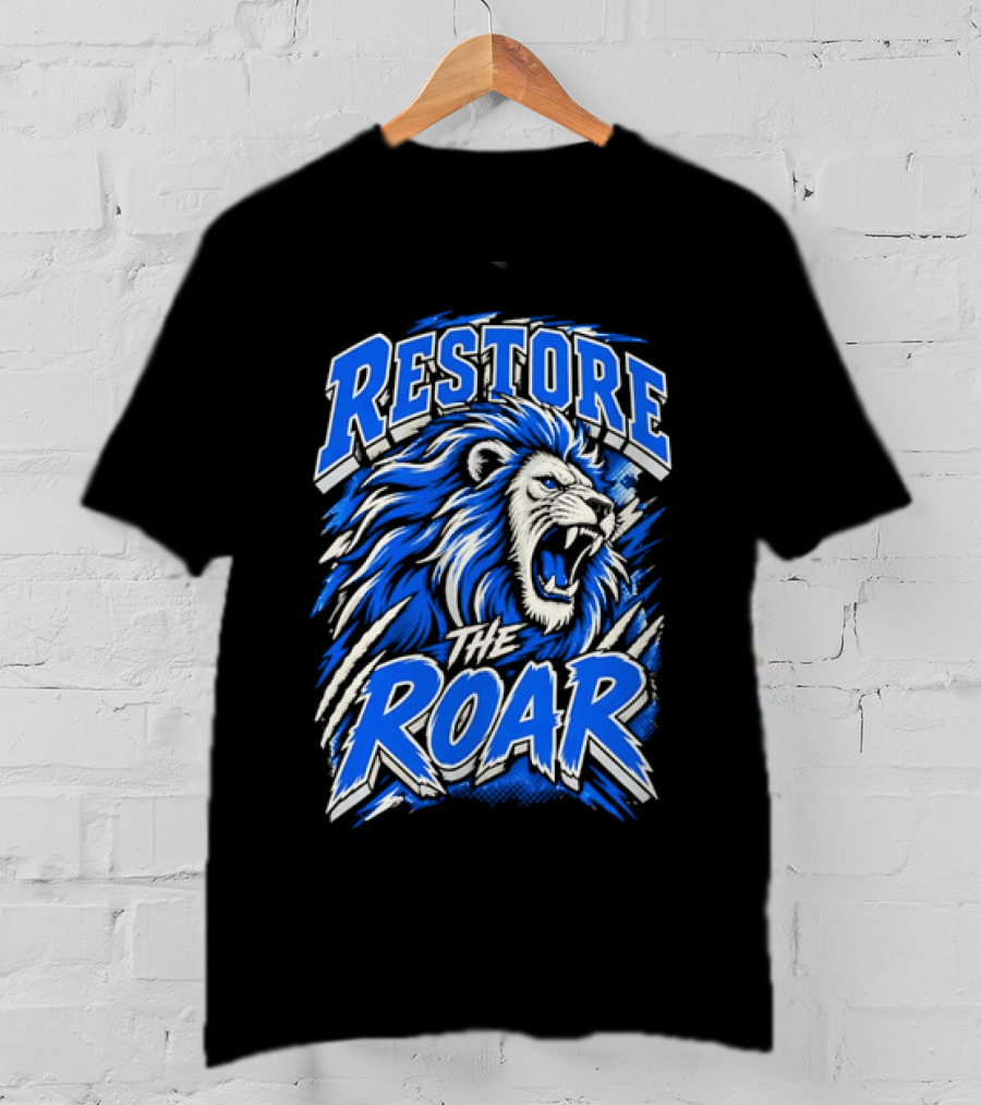 Restore The Roar Blue Lion Head With Halftone Scratch Marks T-Shirt