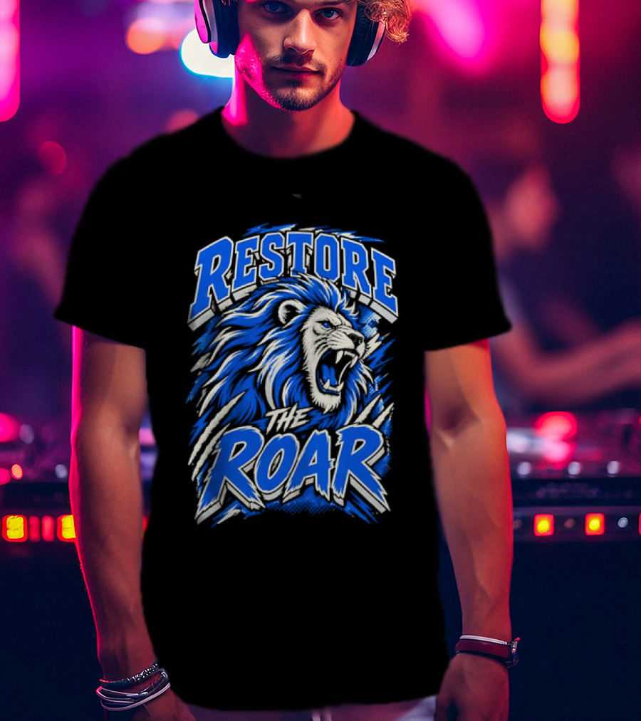Restore The Roar Blue Lion Head With Halftone Scratch Marks T-Shirt