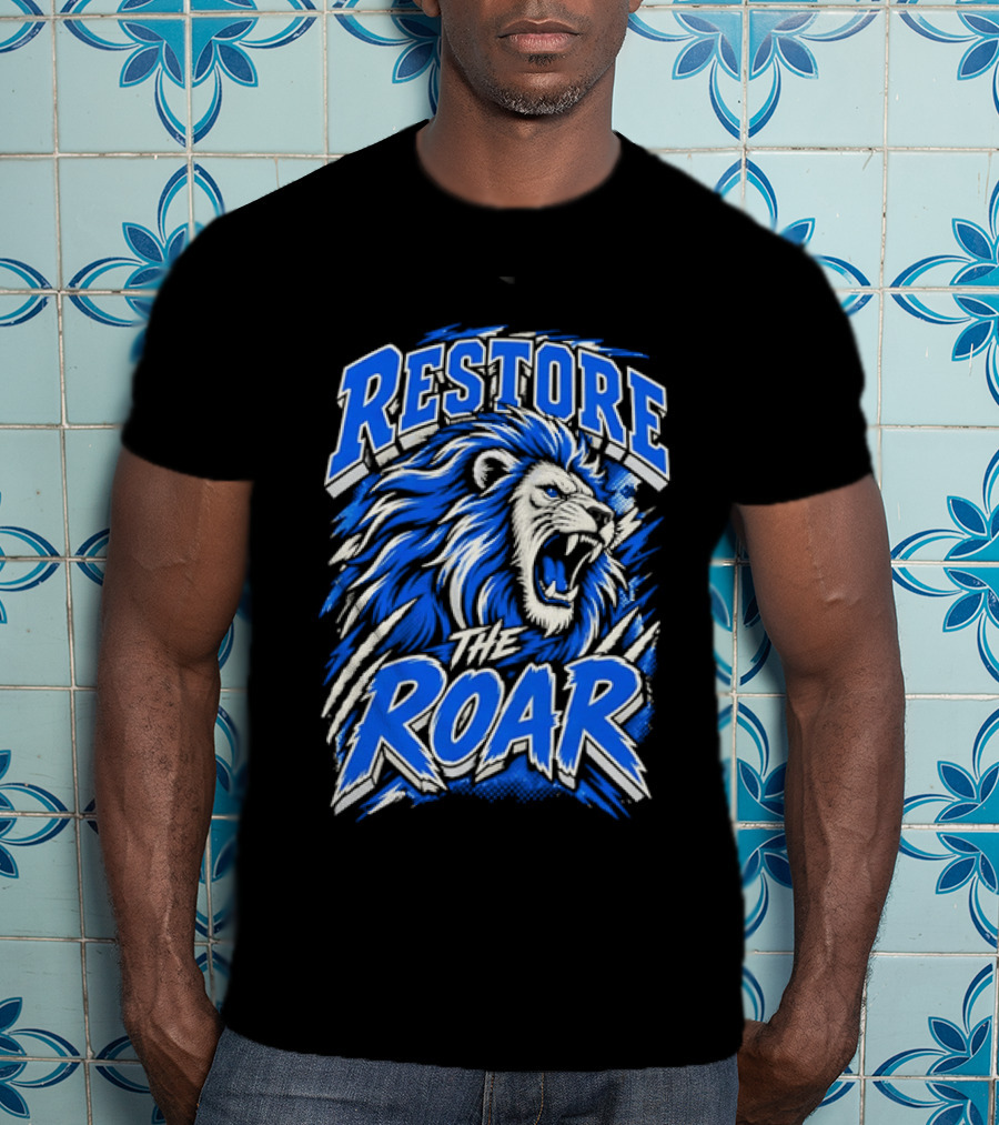 Restore The Roar Blue Lion Head With Halftone Scratch Marks T-Shirt