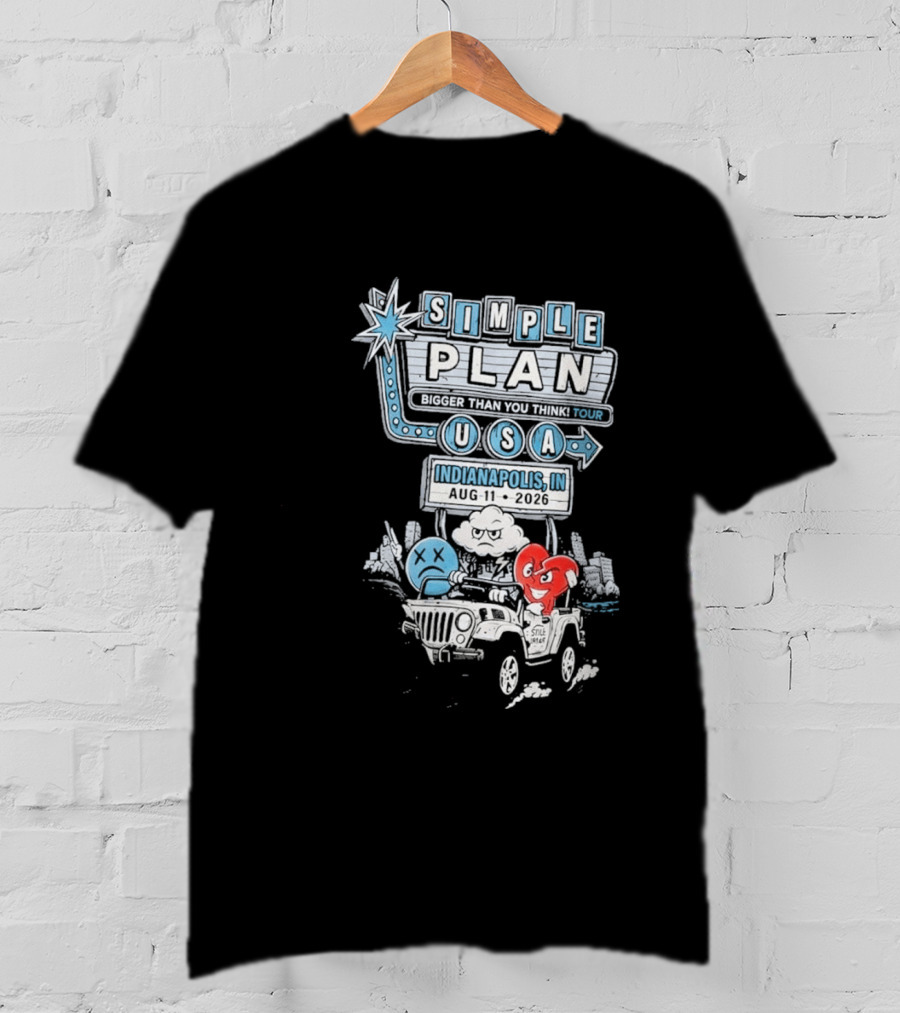 Simple Plan Indianapolis IN 2026 Bigger Than You Think Tour August 11 White River State Park USA Classic Car And Happy Heart T-Shirt