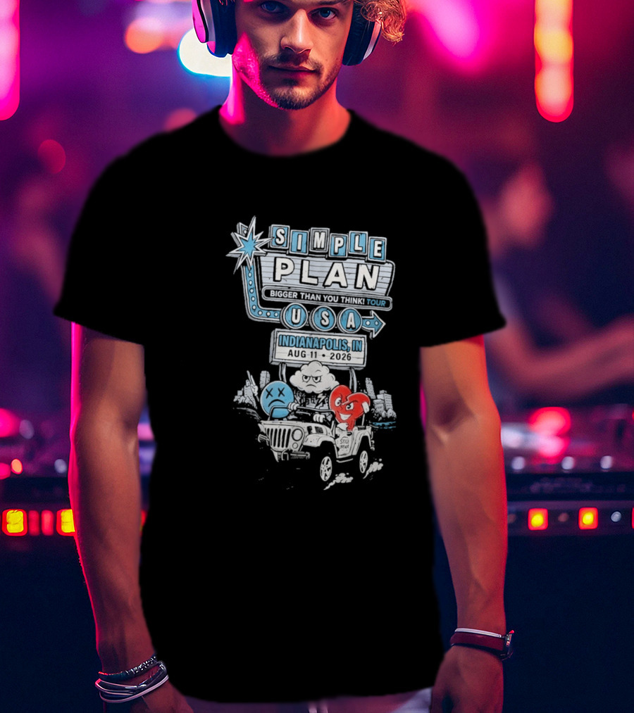 Simple Plan Indianapolis IN 2026 Bigger Than You Think Tour August 11 White River State Park USA Classic Car And Happy Heart T-Shirt