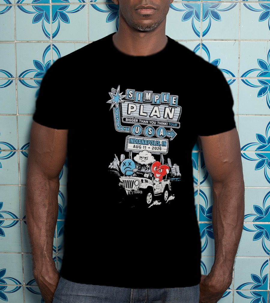 Simple Plan Indianapolis IN 2026 Bigger Than You Think Tour August 11 White River State Park USA Classic Car And Happy Heart T-Shirt