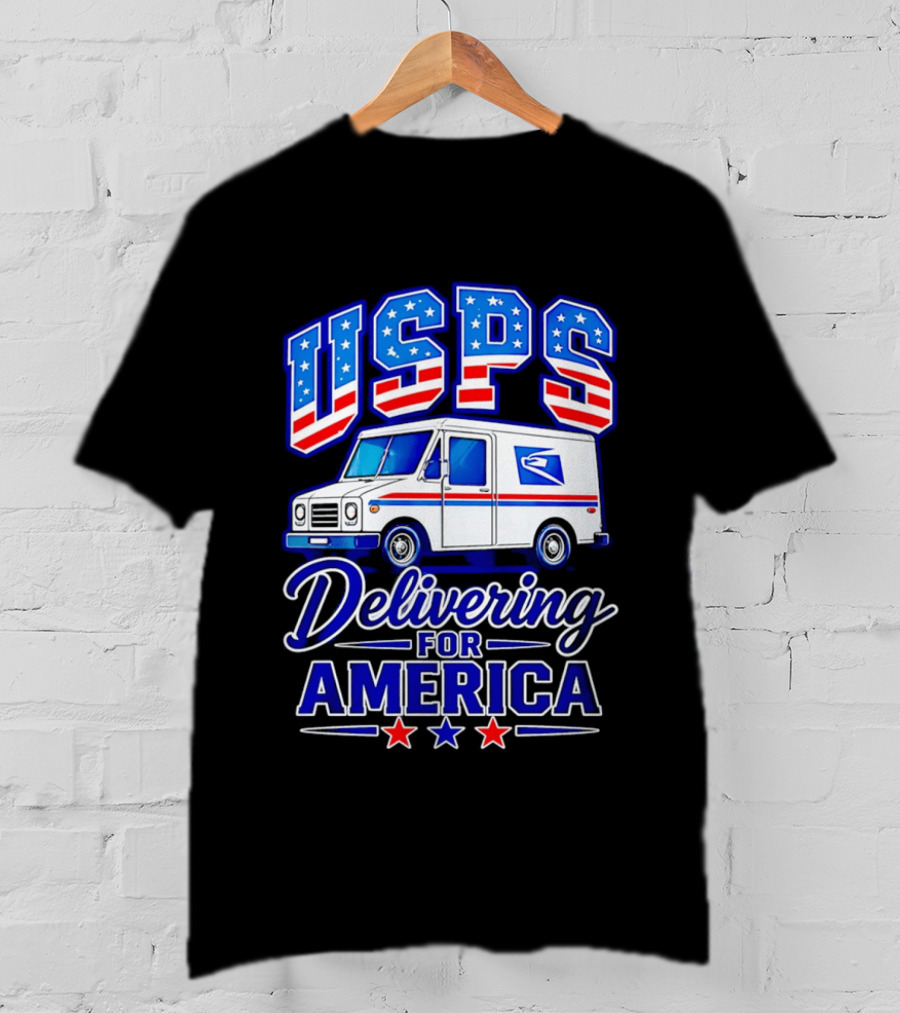 USPS Delivering For America Mail Truck Patriotic Stars And Stripes T-Shirt