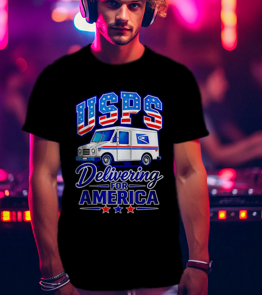 USPS Delivering For America Mail Truck Patriotic Stars And Stripes T-Shirt
