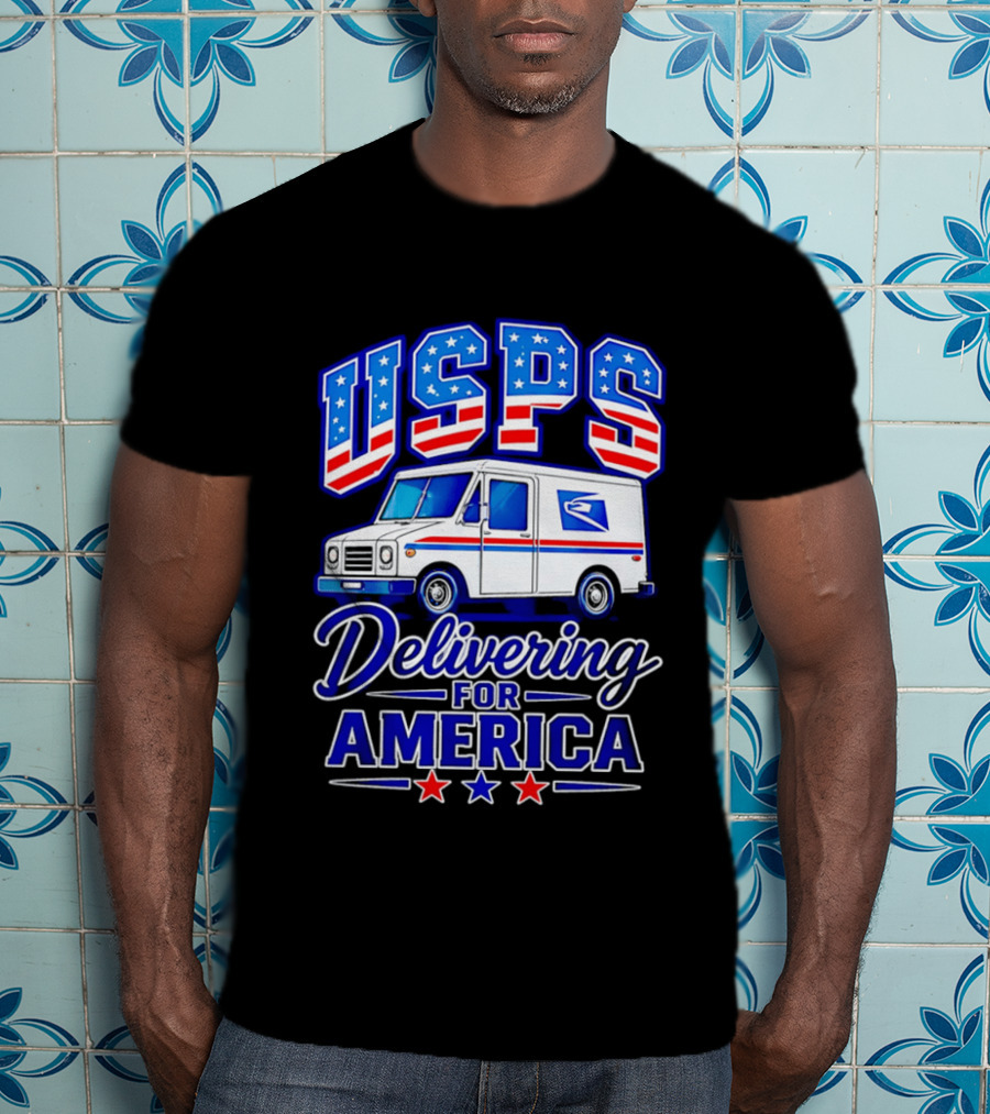 USPS Delivering For America Mail Truck Patriotic Stars And Stripes T-Shirt