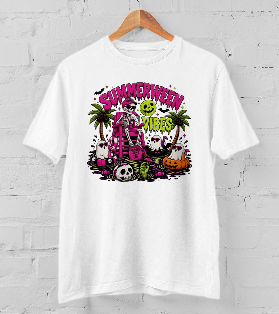 Summerween Vibes Halloween Skeleton Beach Party 2026 T-Shirt
