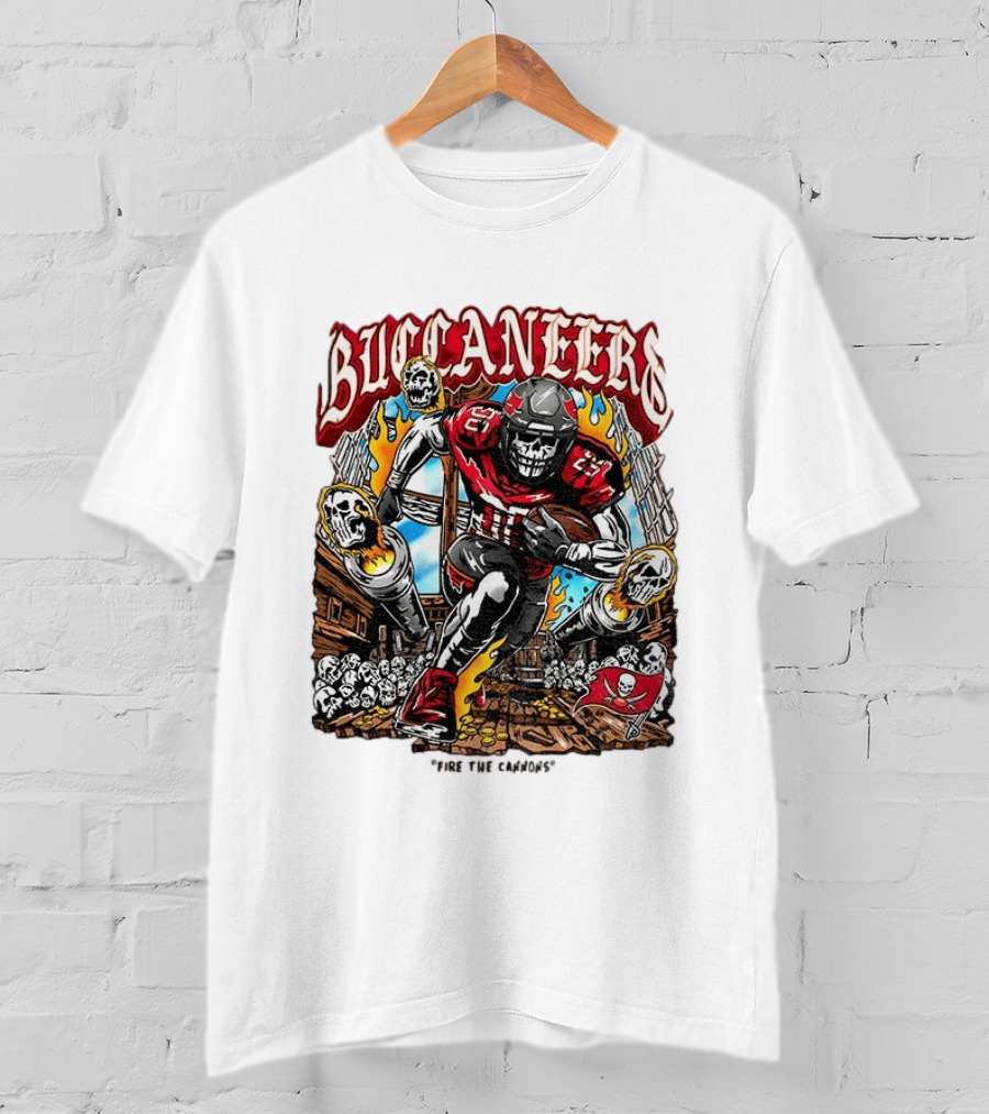 Buccaneers Fire The Cannons Skeleton Football T-Shirt