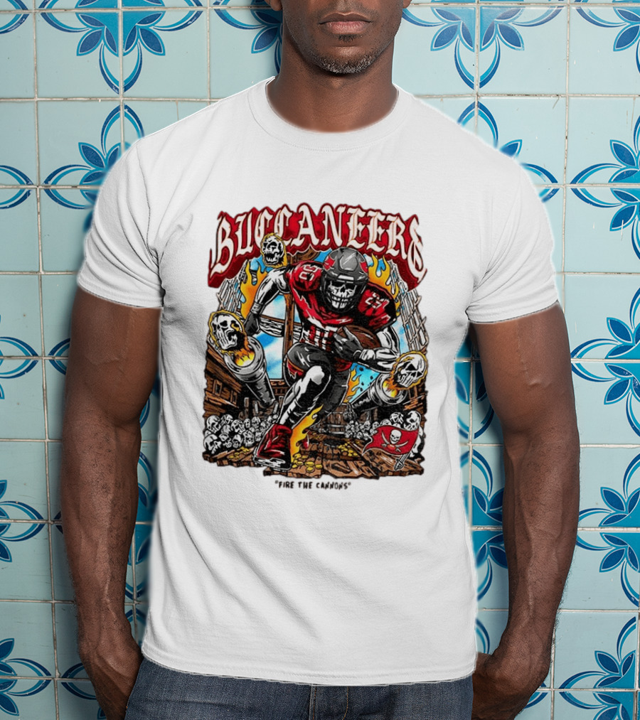 Buccaneers Fire The Cannons Skeleton Football T-Shirt