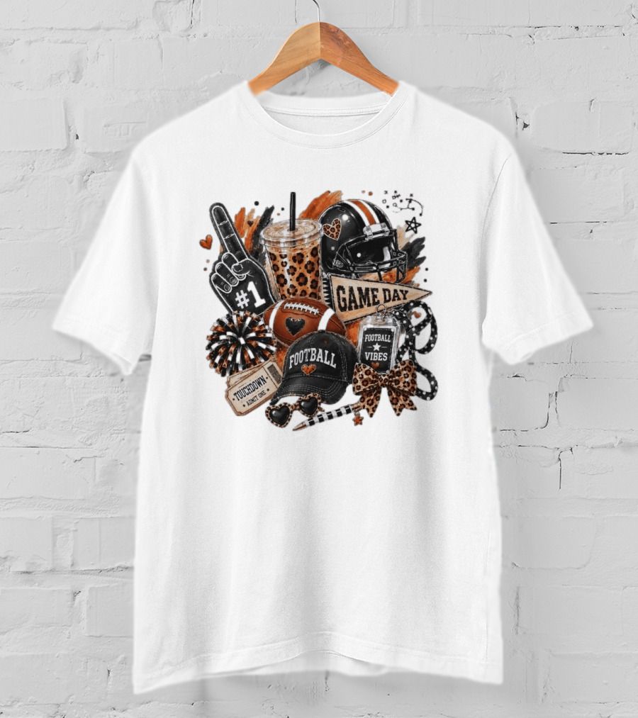 Leopard Game Day Football Touchdown Vibes #1 Fan Helmet Pom Pom Bow T-Shirt