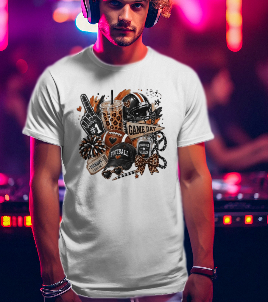 Leopard Game Day Football Touchdown Vibes #1 Fan Helmet Pom Pom Bow T-Shirt