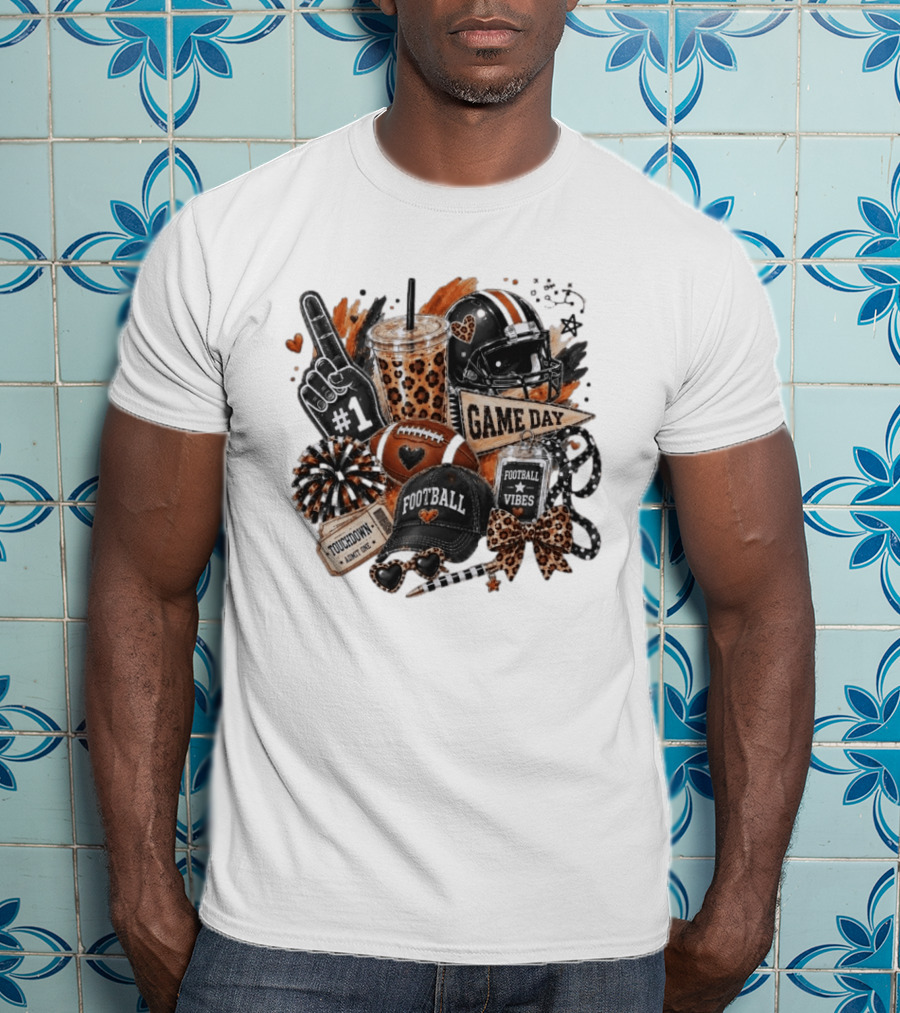 Leopard Game Day Football Touchdown Vibes #1 Fan Helmet Pom Pom Bow T-Shirt