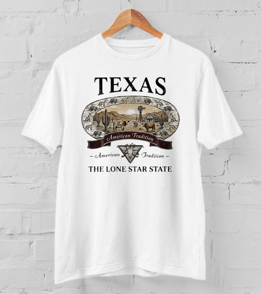 Texas American Tradition The Lone Star State Armadillo Longhorn Desert Scene T-Shirt