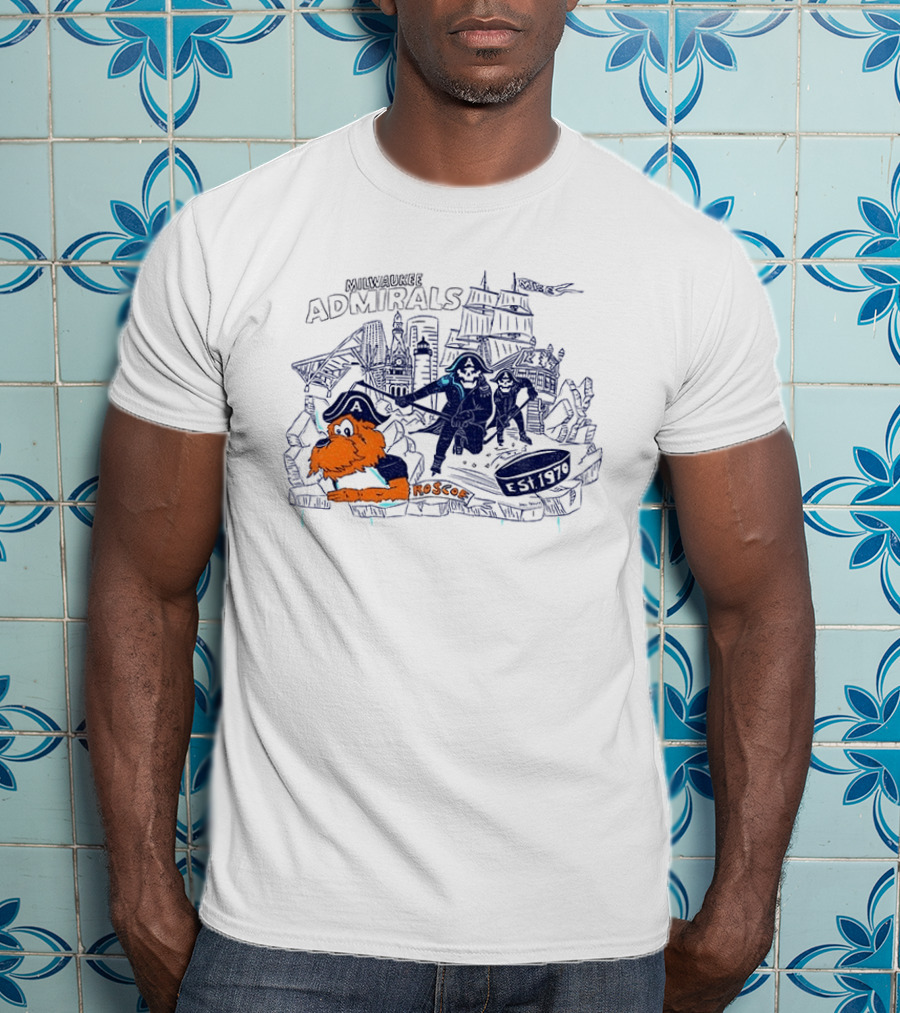 Milwaukee Admirals Roscoe Est 1970 Hockey Mascot And Cityscape T-Shirt