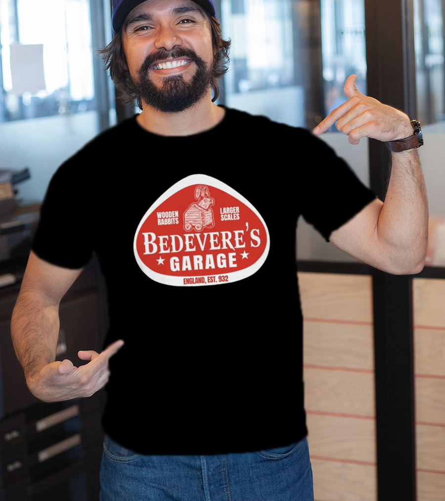 Bedevere's Garage England 932 AD Wooden Rabbits Larger Scales Monty Python T-Shirt