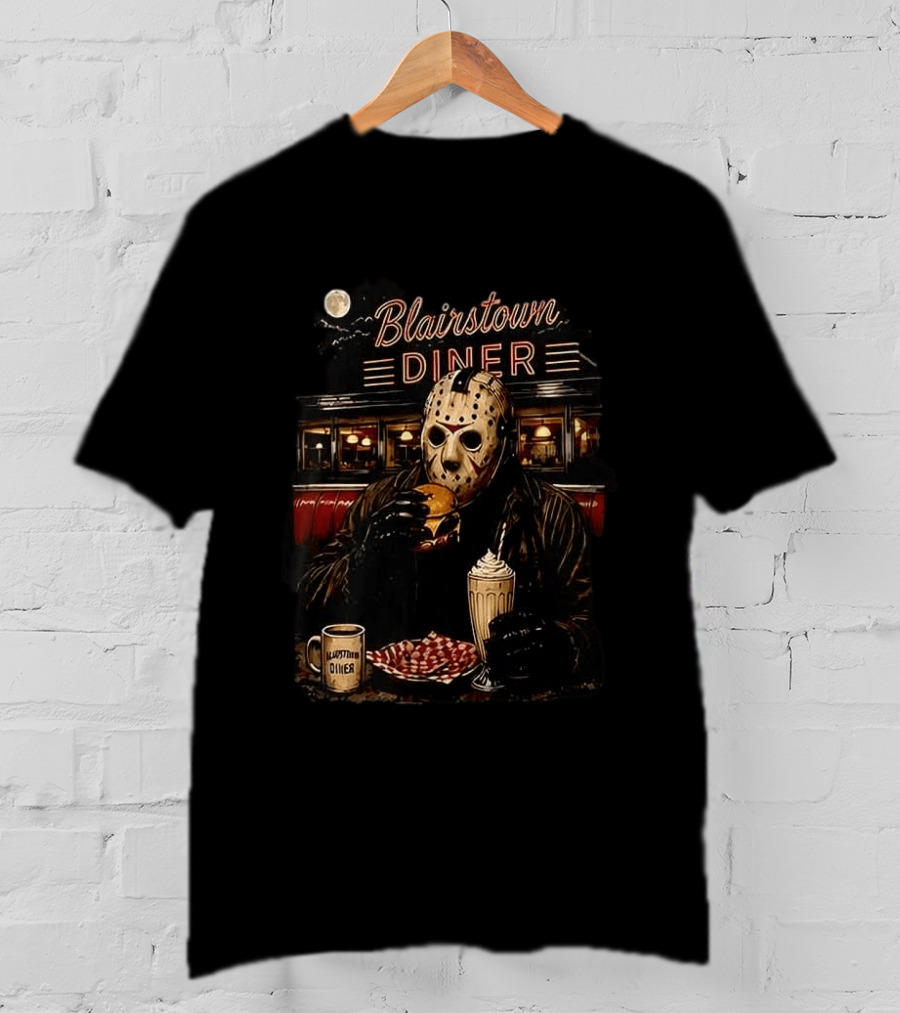 Blairstown Diner Killer Food Killer Coffee Halloween 1949 Masked Character Eating Burger And Milkshake T-Shirt