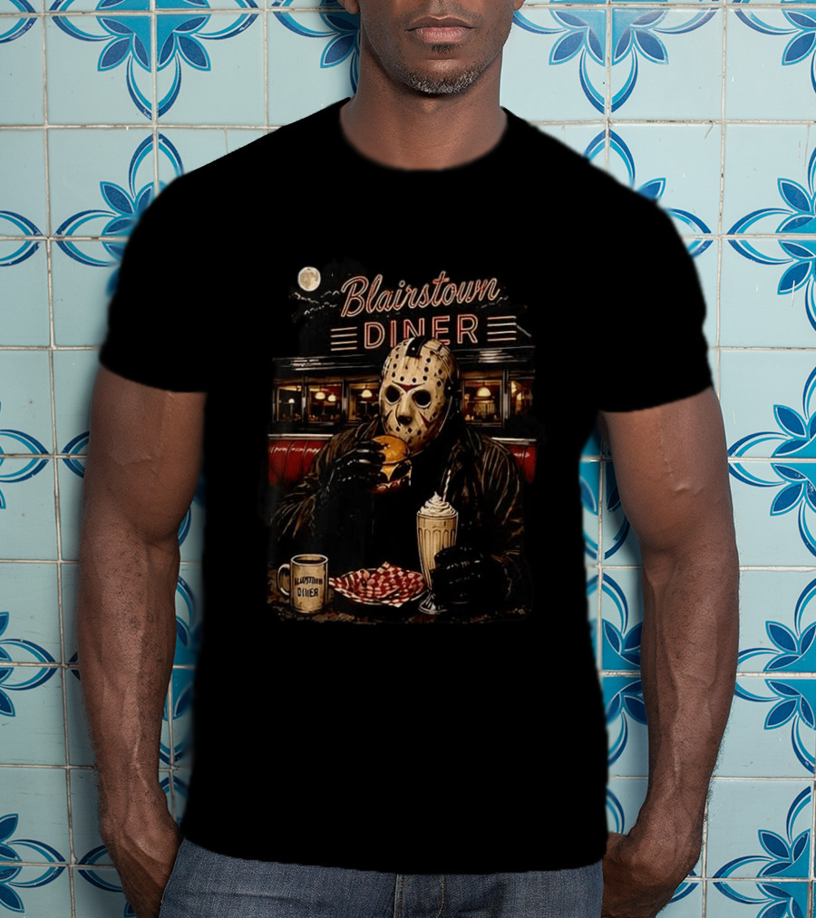 Blairstown Diner Killer Food Killer Coffee Halloween 1949 Masked Character Eating Burger And Milkshake T-Shirt