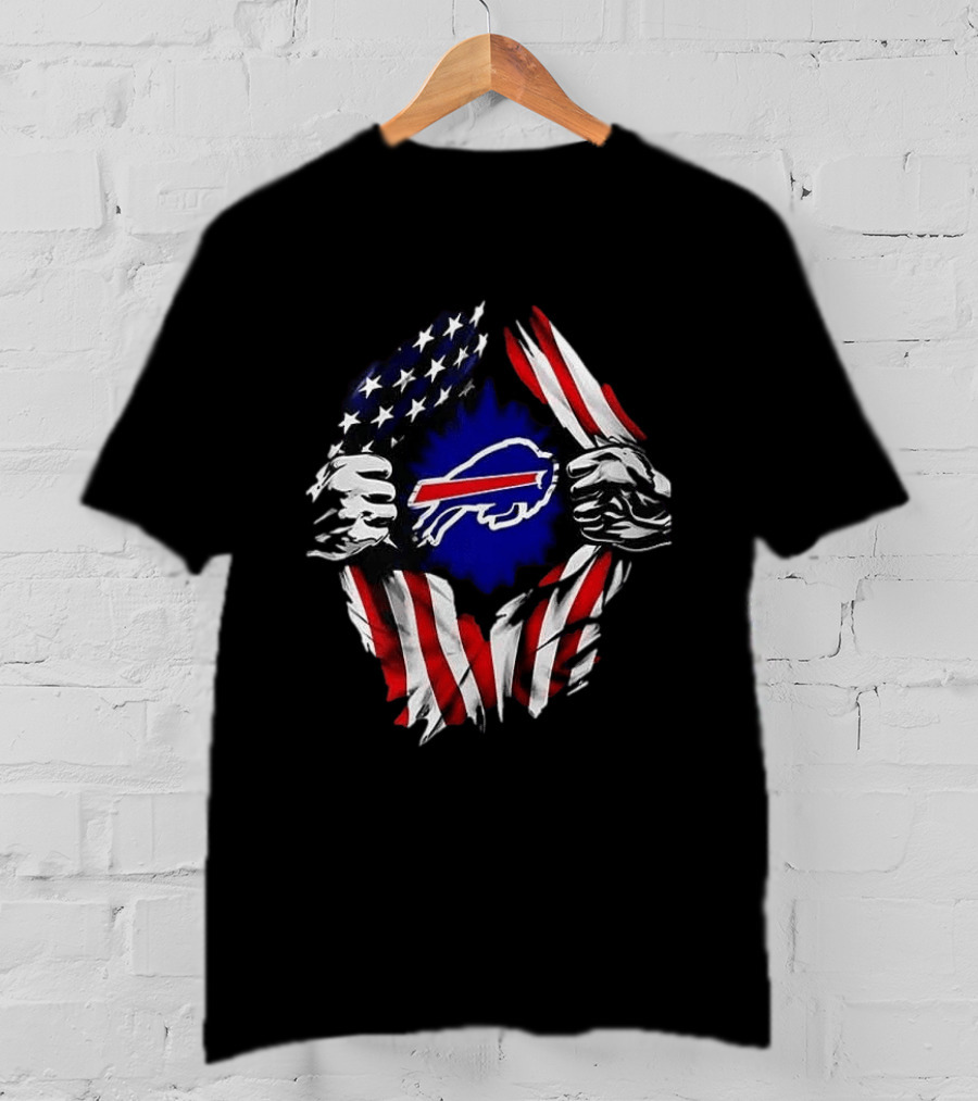 Buffalo Bills Superman Skull Cap Backwards American Flag Rip T-Shirt