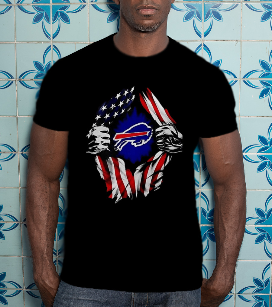 Buffalo Bills Superman Skull Cap Backwards American Flag Rip T-Shirt
