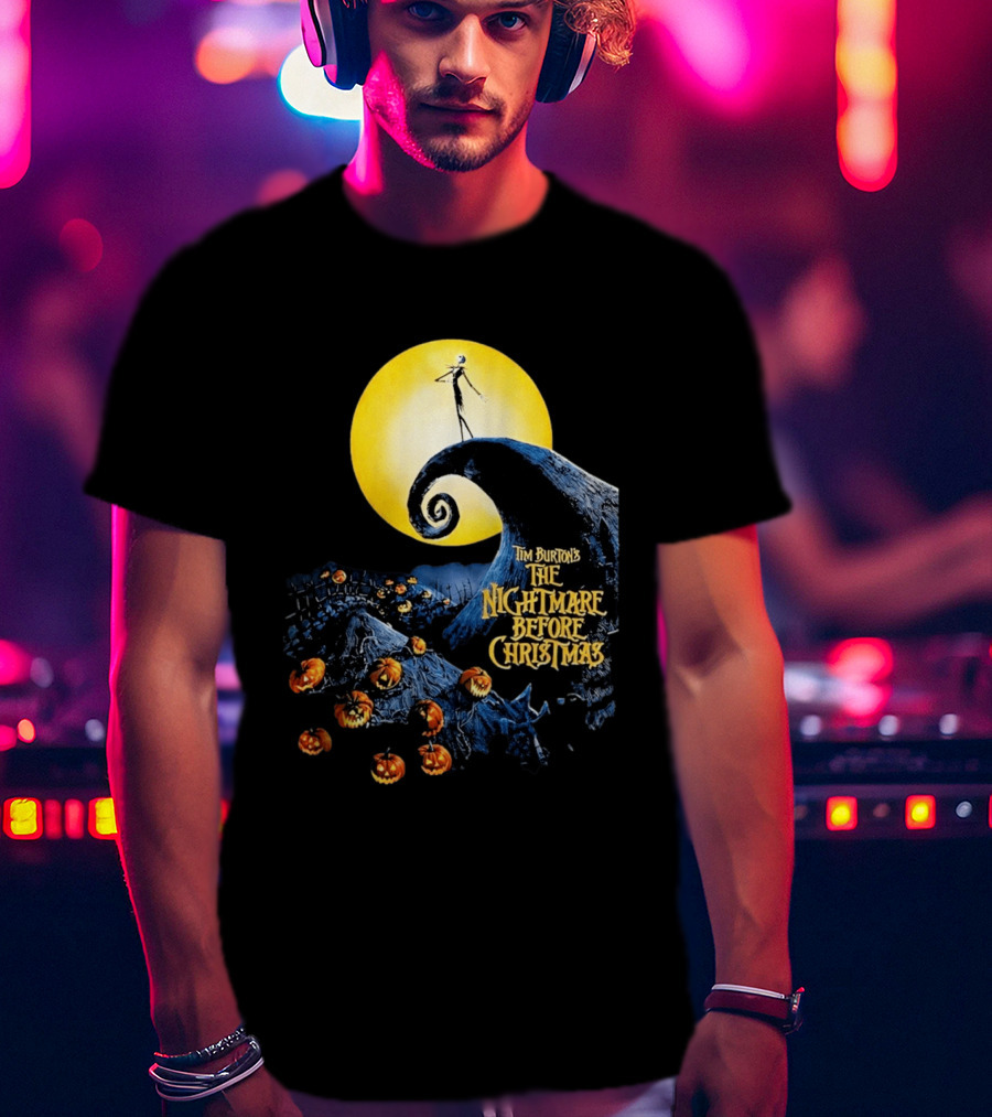 Tim Burton's The Nightmare Before Christmas Jack Skellington Moon Scene With Pumpkins T-Shirt
