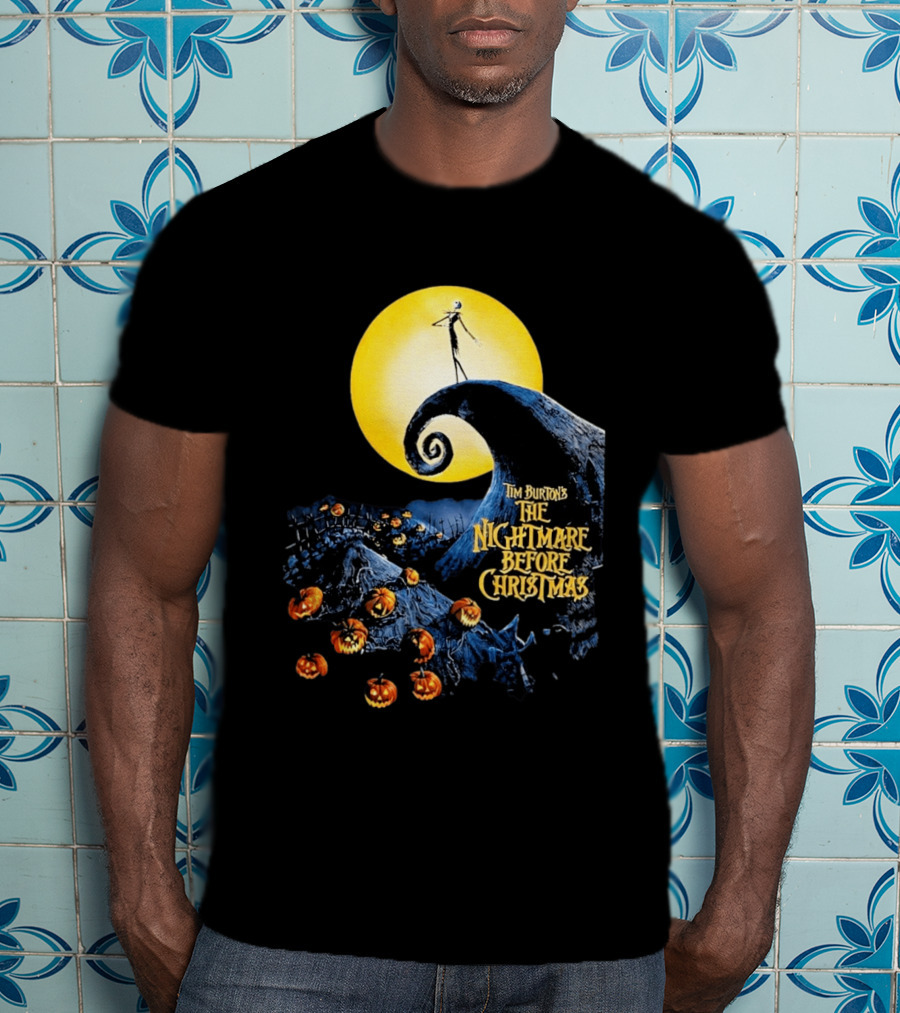 Tim Burton's The Nightmare Before Christmas Jack Skellington Moon Scene With Pumpkins T-Shirt