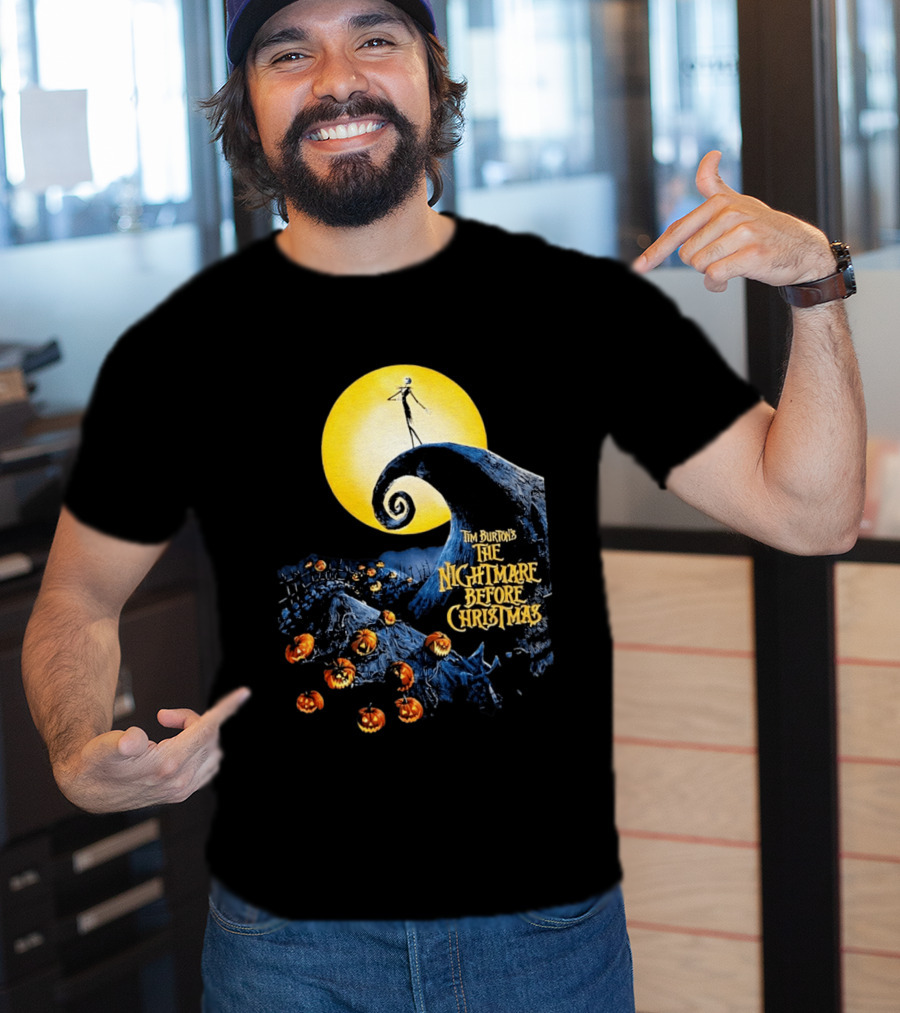 Tim Burton's The Nightmare Before Christmas Jack Skellington Moon Scene With Pumpkins T-Shirt