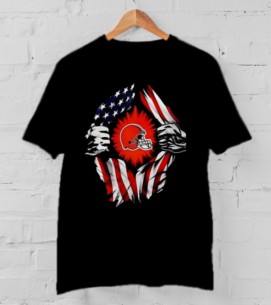 Cleveland Browns Super Man Skull Cap Backwards American Flag Ripped T-Shirt