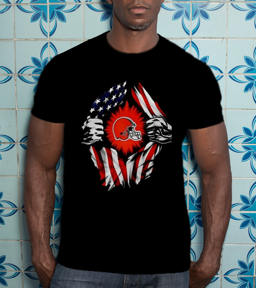 Cleveland Browns Super Man Skull Cap Backwards American Flag Ripped T-Shirt