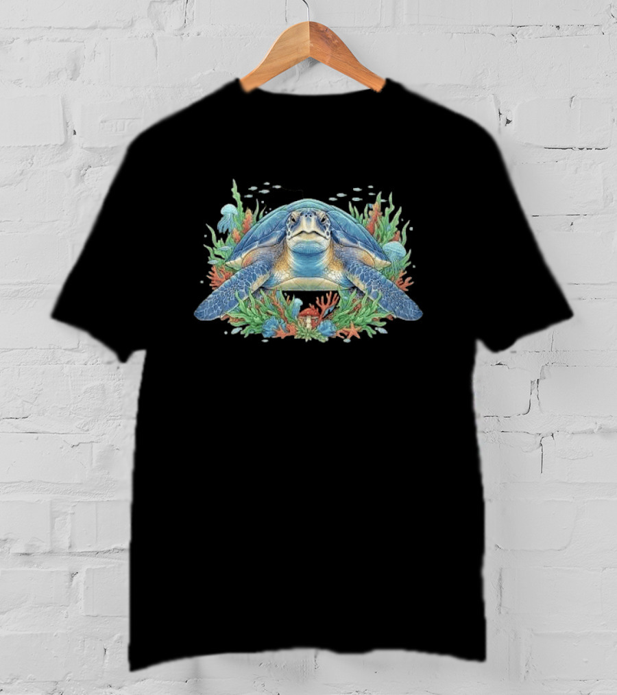 Sea Turtle With Coral Reef Red Mushroom And Starfish Underwater Scene T-Shirt