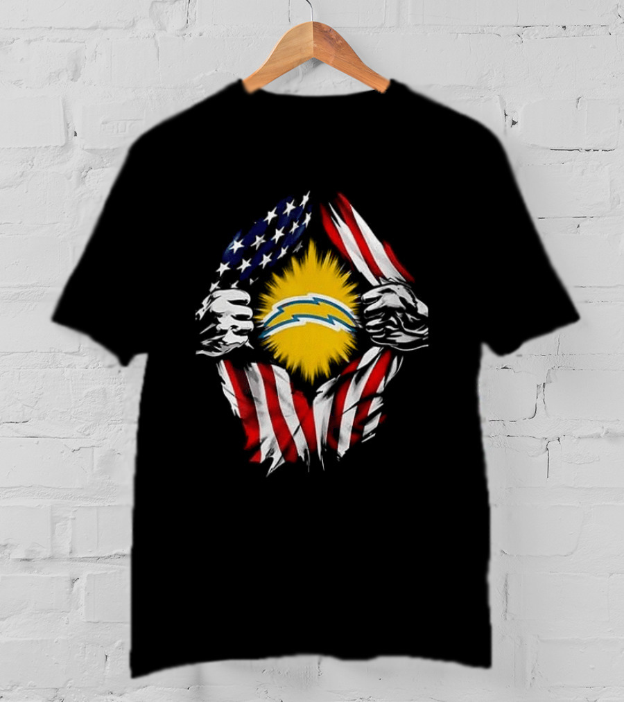 Los Angeles Chargers Superman Skull Cap Backwards USA Flag Power T-Shirt