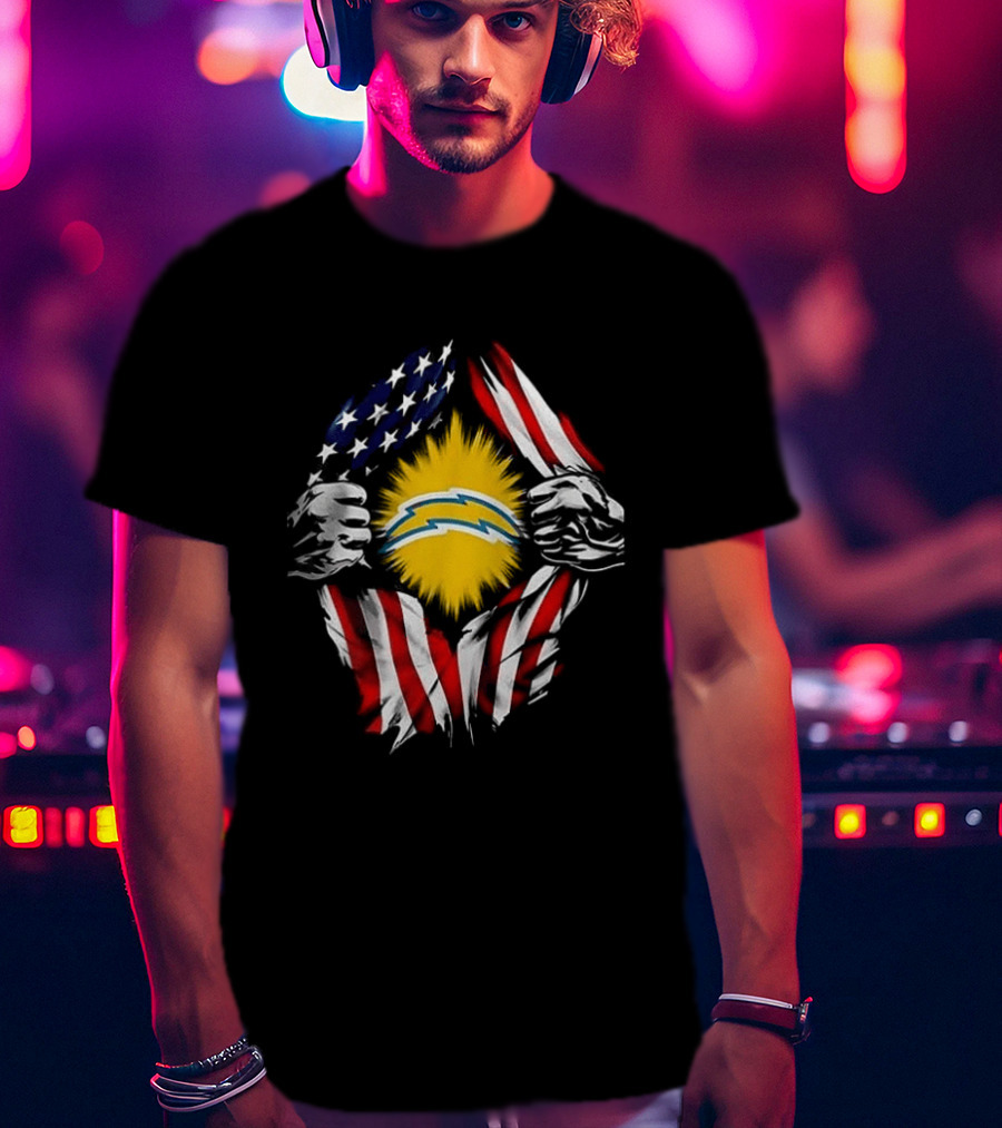 Los Angeles Chargers Superman Skull Cap Backwards USA Flag Power T-Shirt