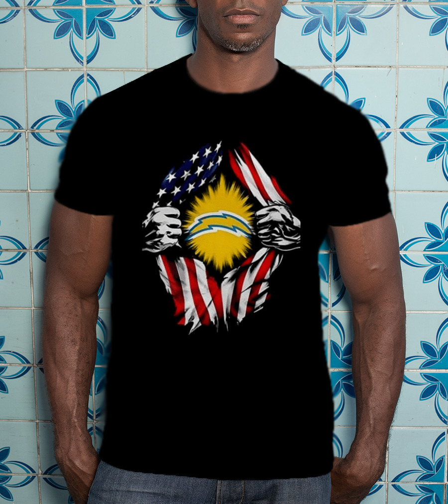 Los Angeles Chargers Superman Skull Cap Backwards USA Flag Power T-Shirt