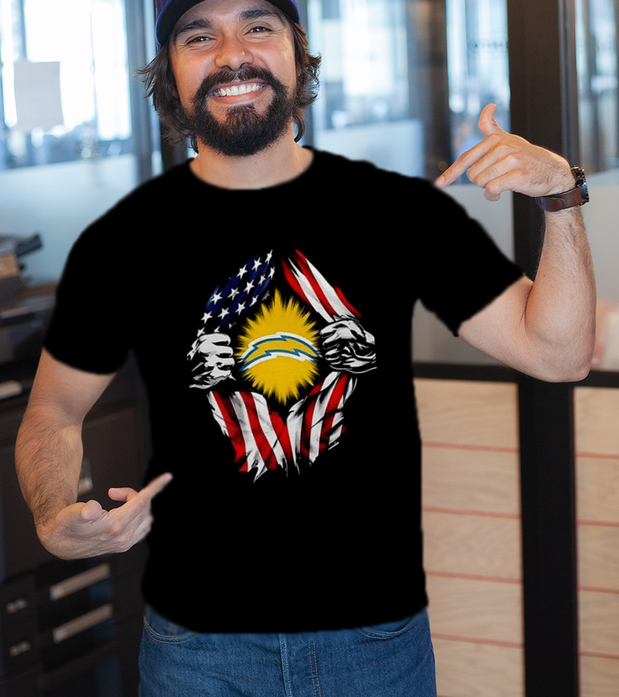 Los Angeles Chargers Superman Skull Cap Backwards USA Flag Power T-Shirt