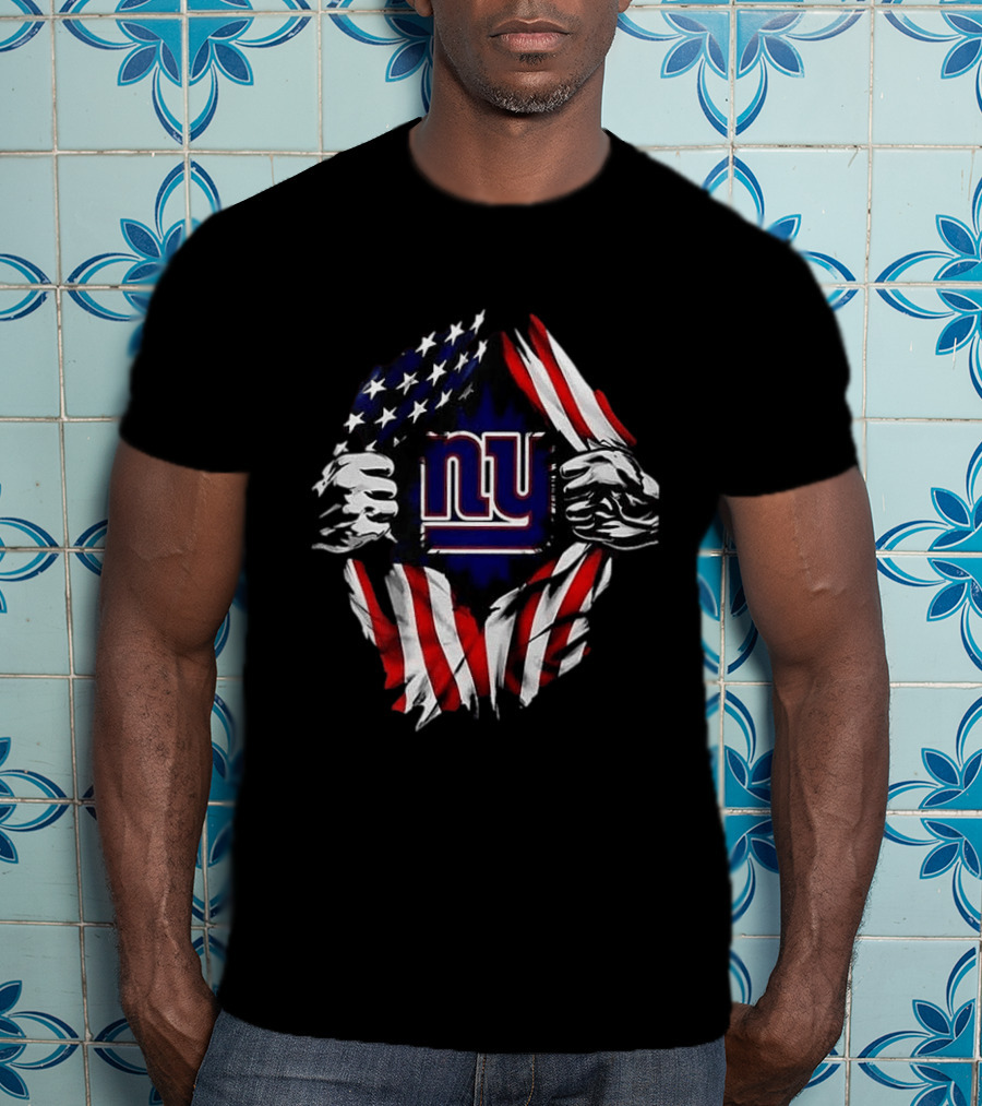 New York Giants American Flag Rip Super Man X Skull Cap Backwards T-Shirt