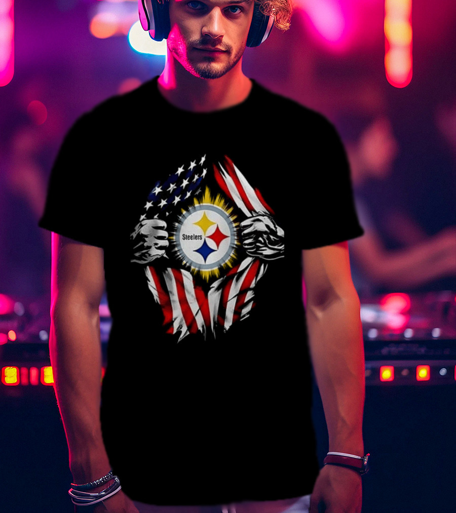 Pittsburgh Steelers Superman Skull Cap USA Flag T-Shirt