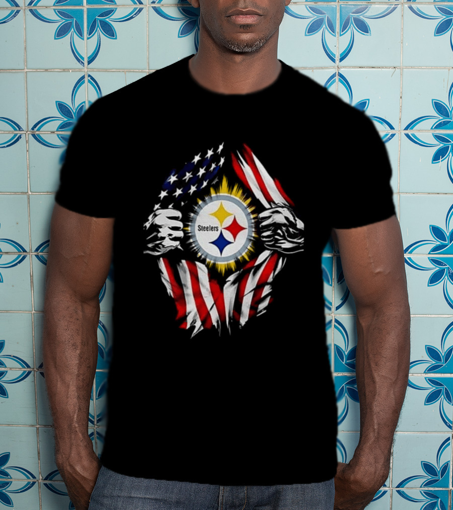 Pittsburgh Steelers Superman Skull Cap USA Flag T-Shirt