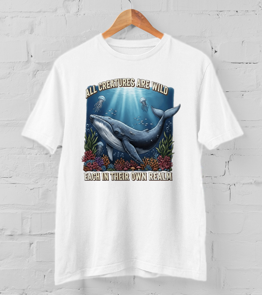 All Creatures Are Wild Humpback Whale Ocean Coral Reef Jellyfish Realm T-Shirt