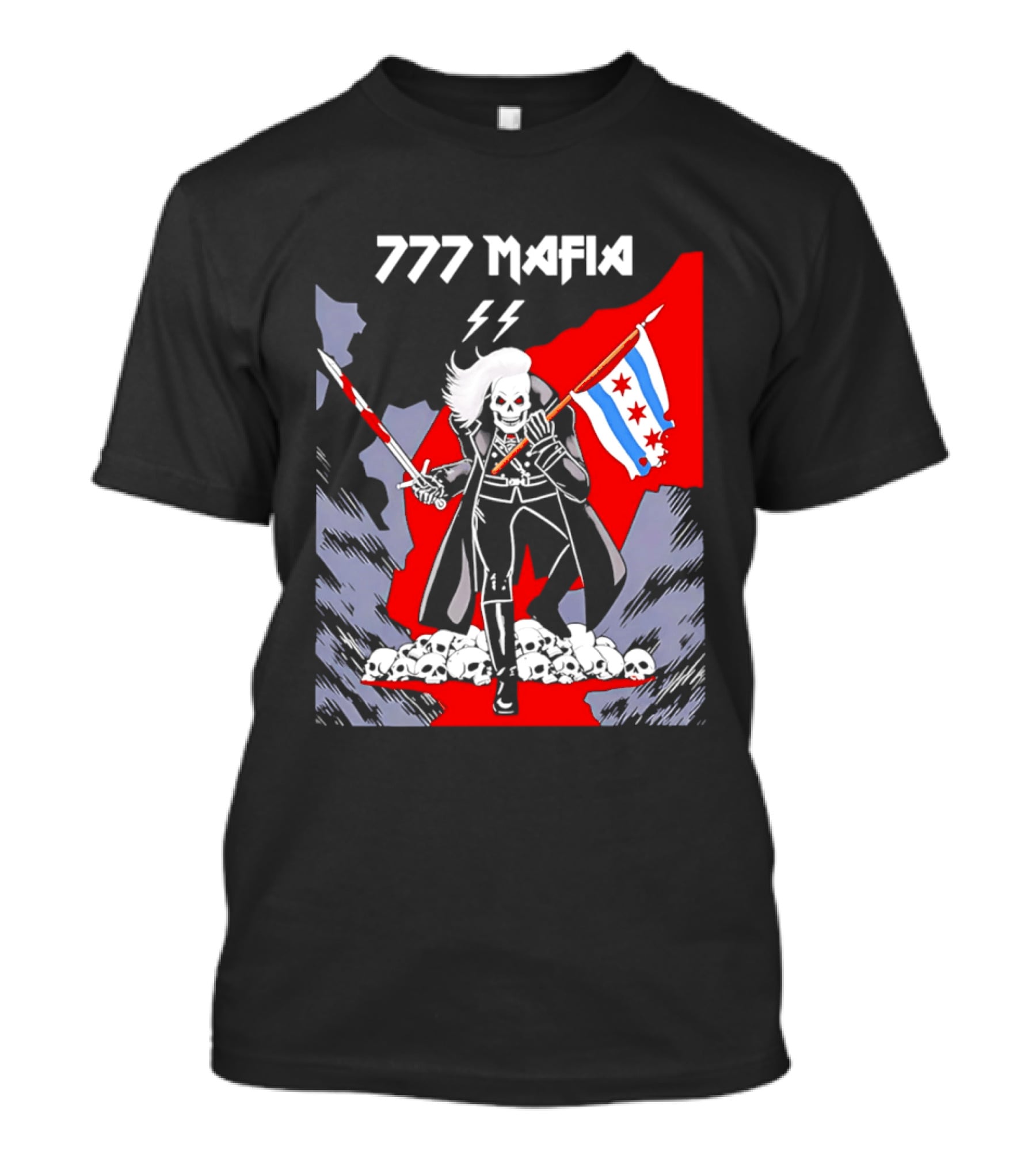 777 Mafia Chicago Flag Skeleton Skull T-Shirt