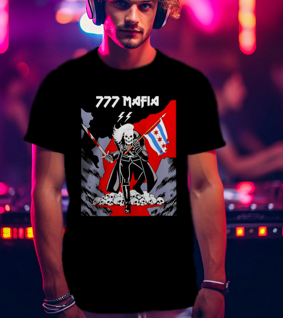 777 Mafia Chicago Flag Skeleton Skull T-Shirt