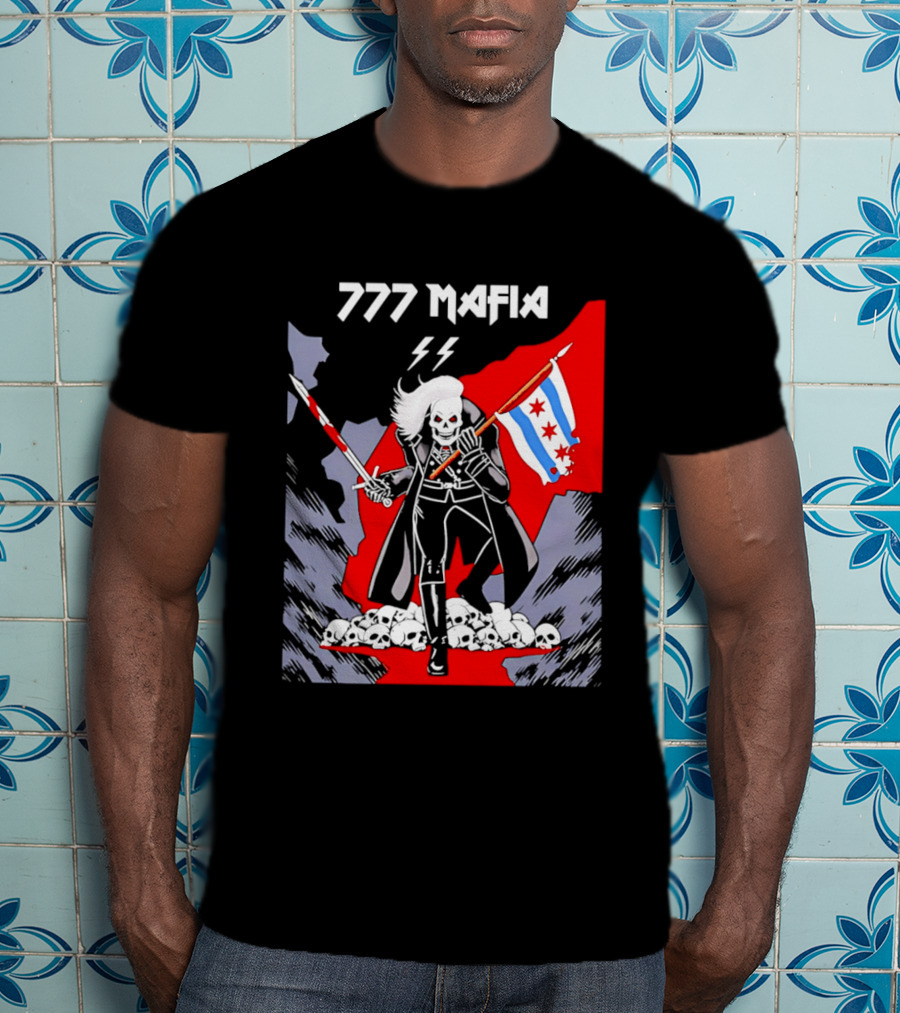 777 Mafia Chicago Flag Skeleton Skull T-Shirt