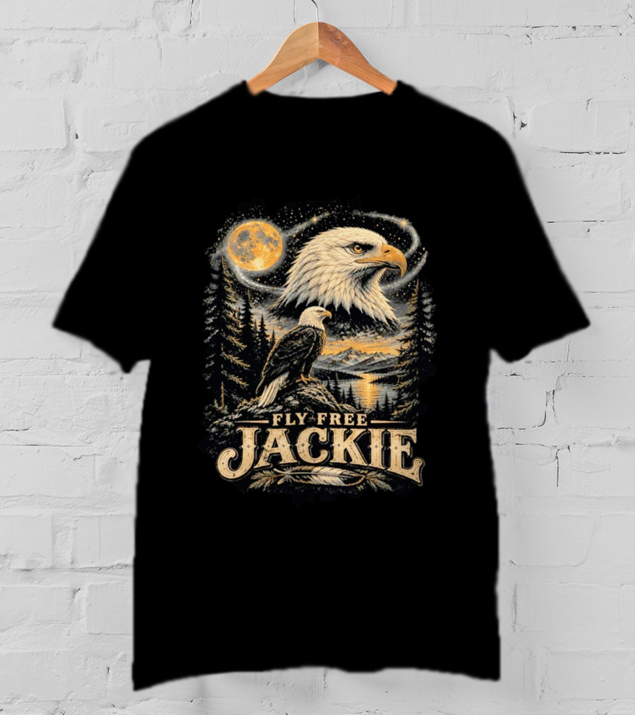 Fly Free Jackie Bald Eagle Scenic Tribute Moonlit Forest Landscape T-Shirt